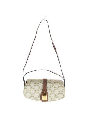 Celine Triomphe Tab Clutch 2-Way Shoulder Bag White Brown Leather Gold